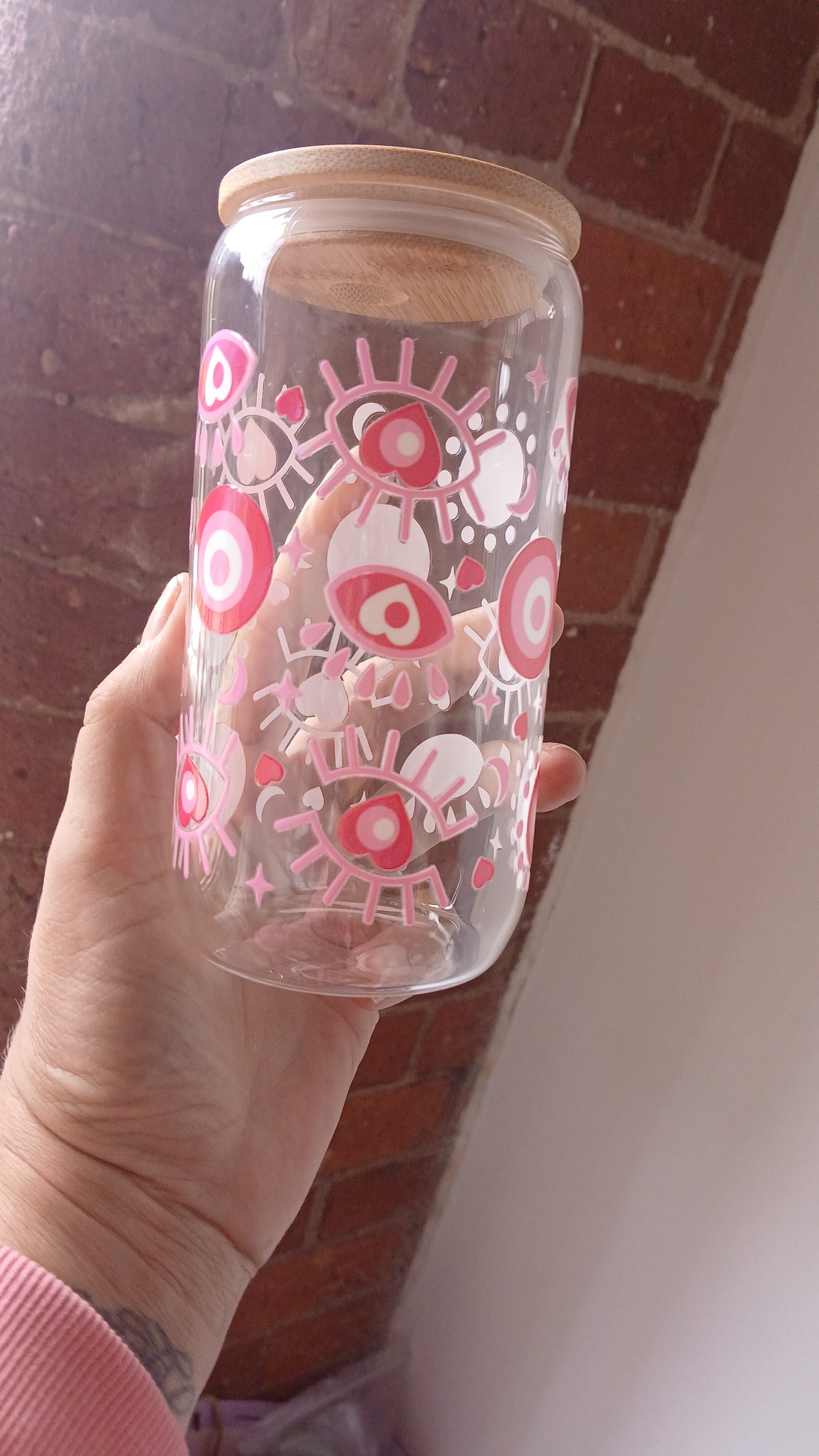 Pink Evil Eye Holographic 16 oz glass libbey