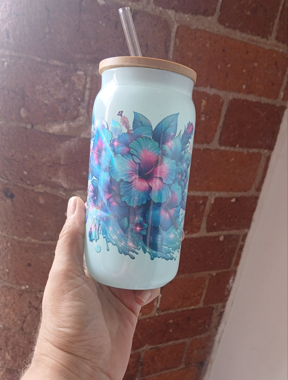 Holographic floral Blue libbey cup