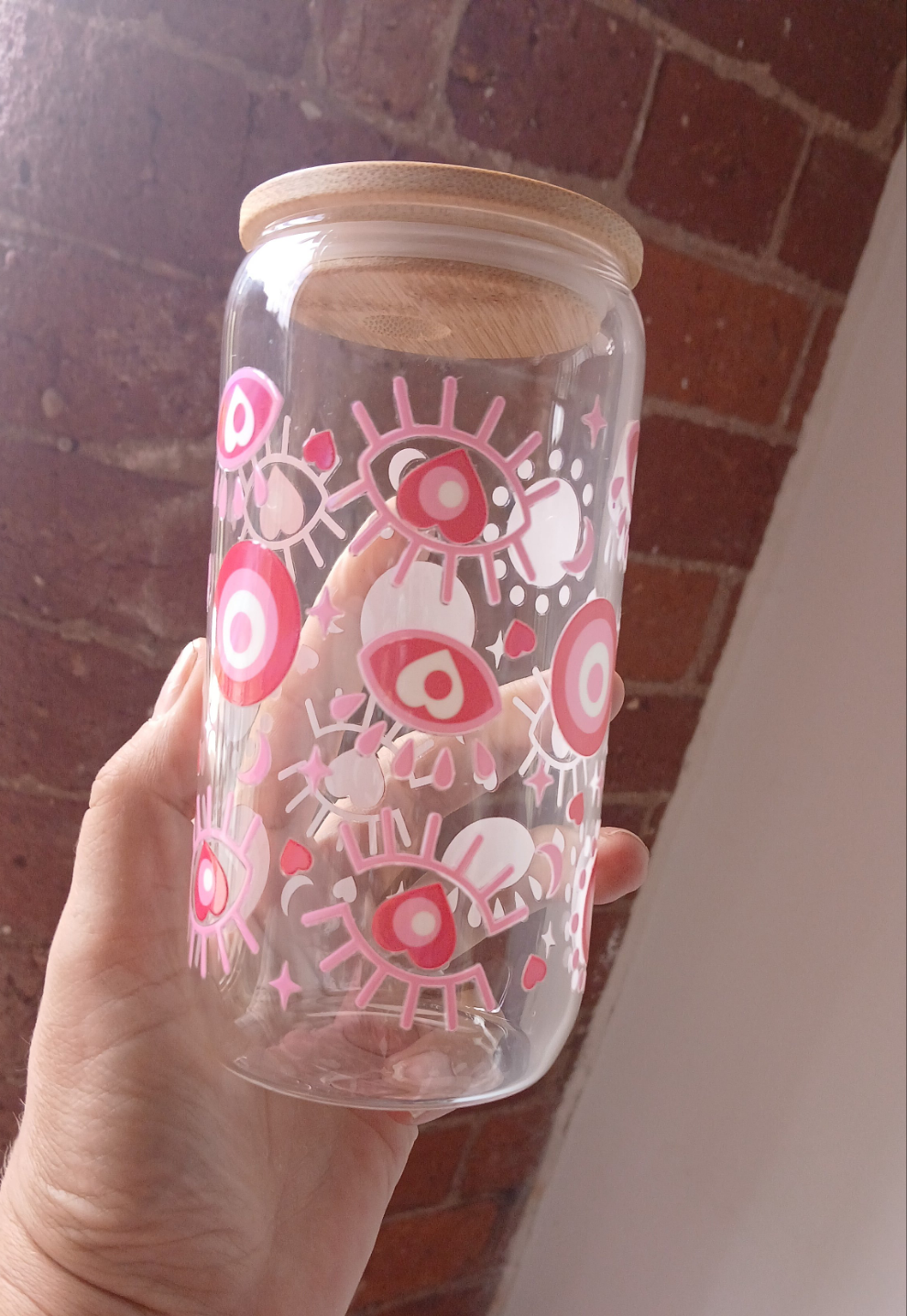 Pink Evil Eye Holographic 16 oz glass libbey